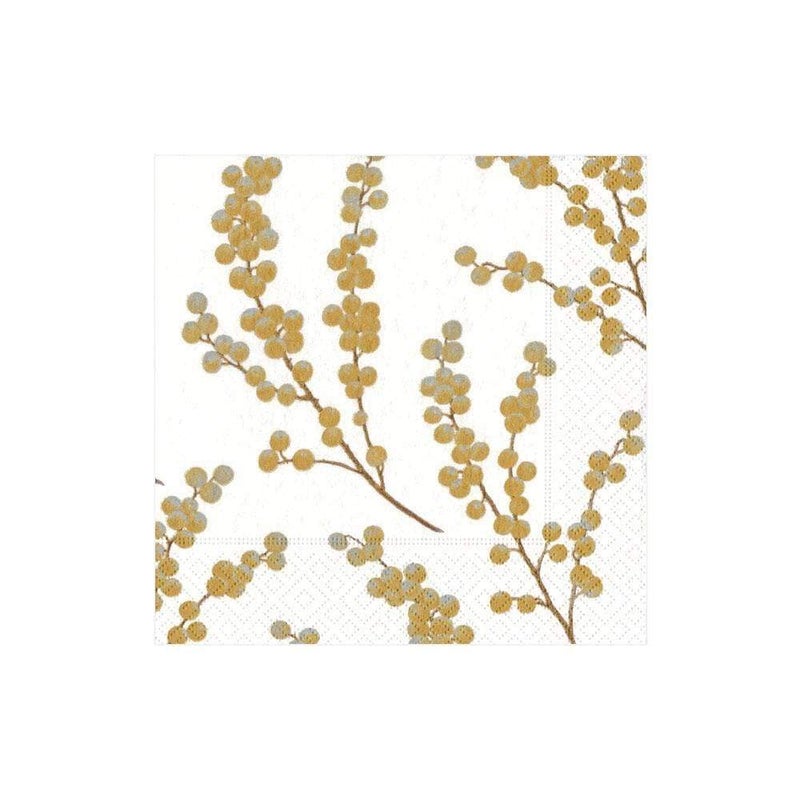 Caspari Entertaining with Caspari Berry Branches Paper Cocktail Napkin, White and Gold, Pack of 20 - Image 2